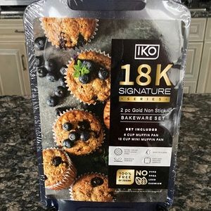 IKO 18K SIGNATURE 2PC GOLD NON STICJ 6 CUP MUFFIN & 12 CUP MINI MUFFIN PAN NWT